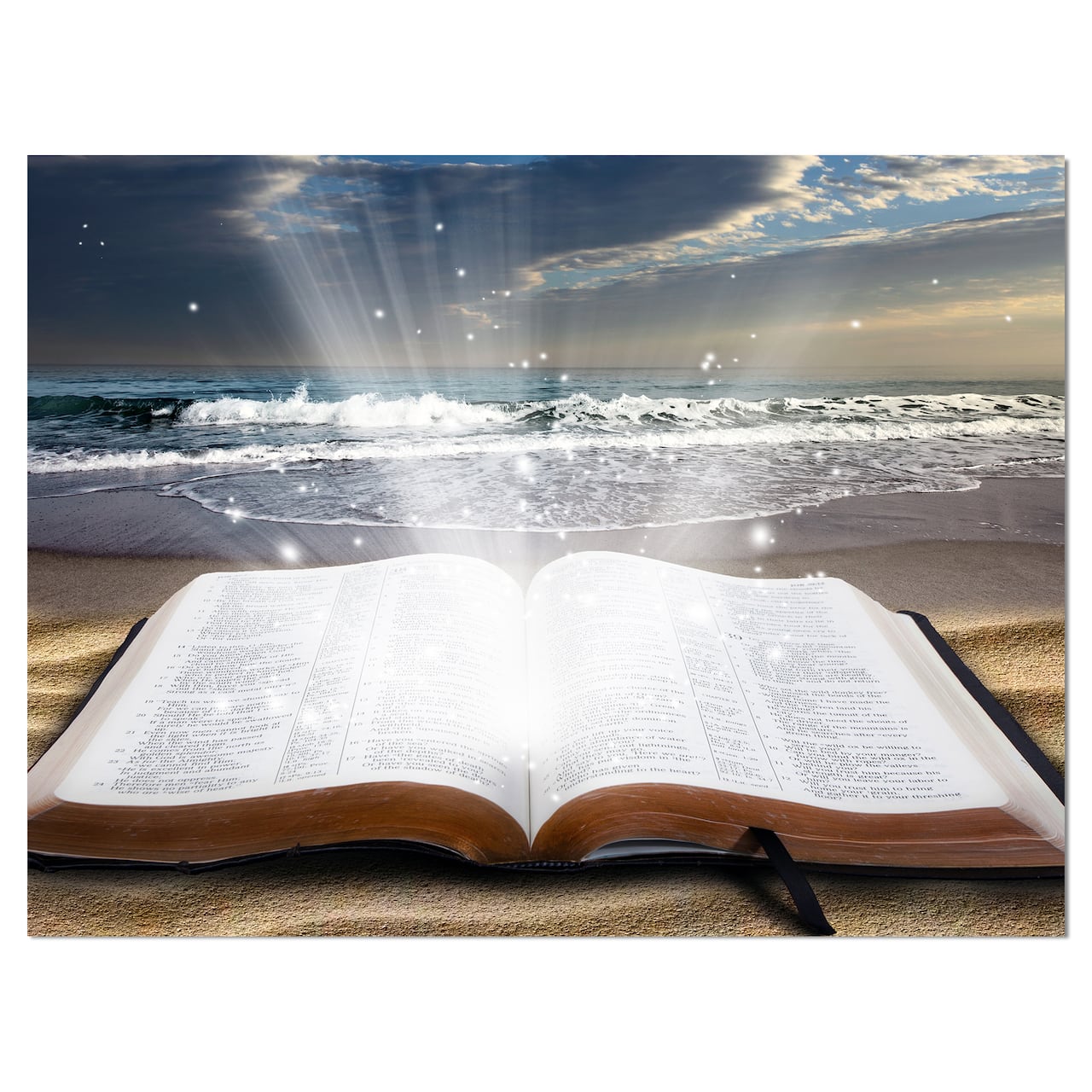 Designart - Jesus Bible at beach - Religious Art on Wrapped Canvas